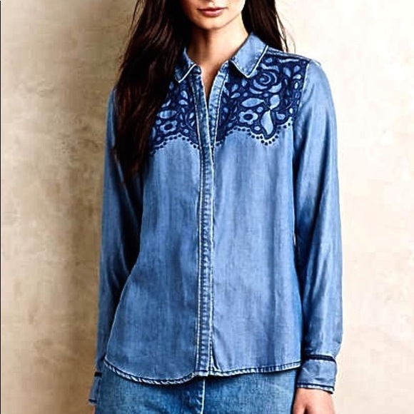 Anthropologie Tops - Holding Horses Embroidered Chambray Button Down